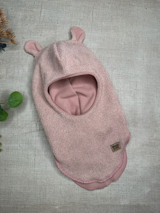 Ziemas ķivercepure ar lāča austiņām - Gaiši veci rozā audums ar spīdumu (adīts) ar veci rozā flīsa oderi